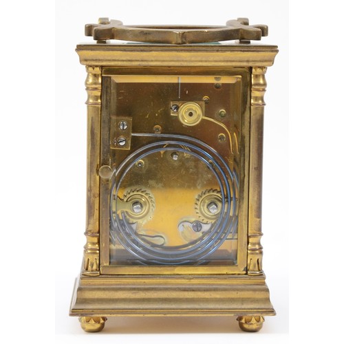 226 - An early 20th century French brass case carriage clock, the painted porcelain dial with blue Arabic ... 