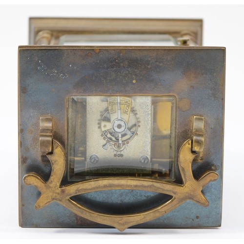 226 - An early 20th century French brass case carriage clock, the painted porcelain dial with blue Arabic ... 