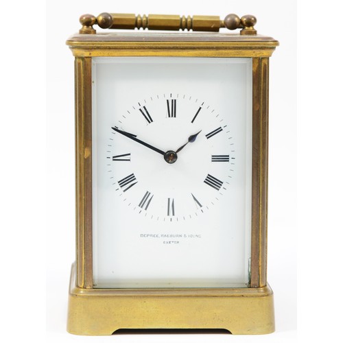 227 - An early 20th century English brass case carriage clock, the white enamelled dial with Roman numeral... 