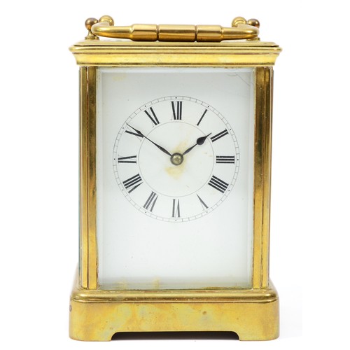 230 - An early 20th century brass case carriage clock, having enamelled dial with Roman numerals, the 8 da... 