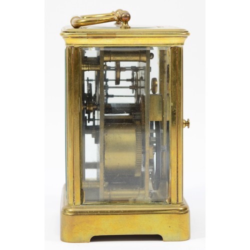 230 - An early 20th century brass case carriage clock, having enamelled dial with Roman numerals, the 8 da... 