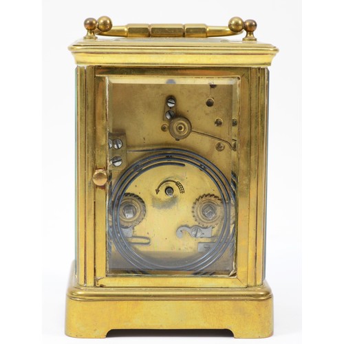 230 - An early 20th century brass case carriage clock, having enamelled dial with Roman numerals, the 8 da... 