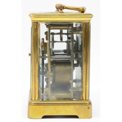 230 - An early 20th century brass case carriage clock, having enamelled dial with Roman numerals, the 8 da... 