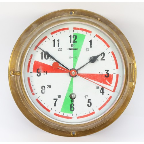 252 - A Tempora 8 day brass bulkhead clock, the brass bezel enclosing signed painted Arabic dial, 24 hour ... 