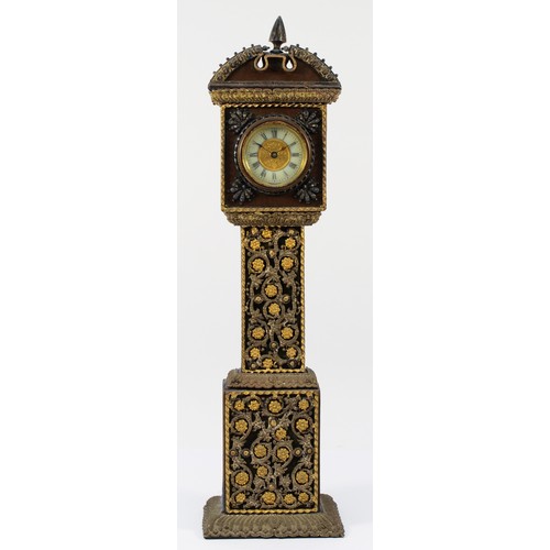 270 - An early 20th century miniature longcase clock, the silk covered mahogany case with gilt ormolu moun... 