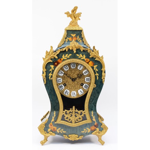 261 - A 20th century eight day mantel clock, the painted and ebonised case with simulated floral inlay and... 