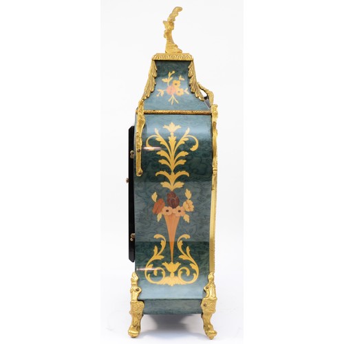 261 - A 20th century eight day mantel clock, the painted and ebonised case with simulated floral inlay and... 