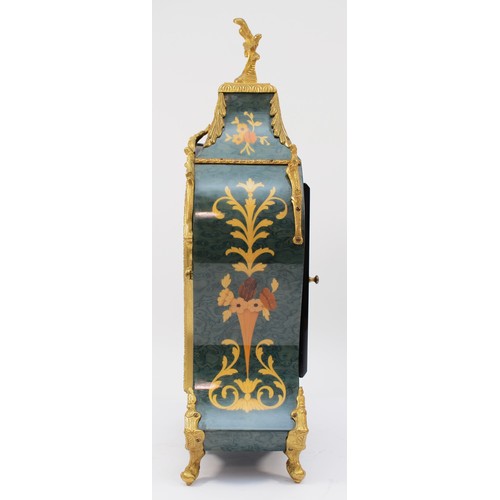 261 - A 20th century eight day mantel clock, the painted and ebonised case with simulated floral inlay and... 