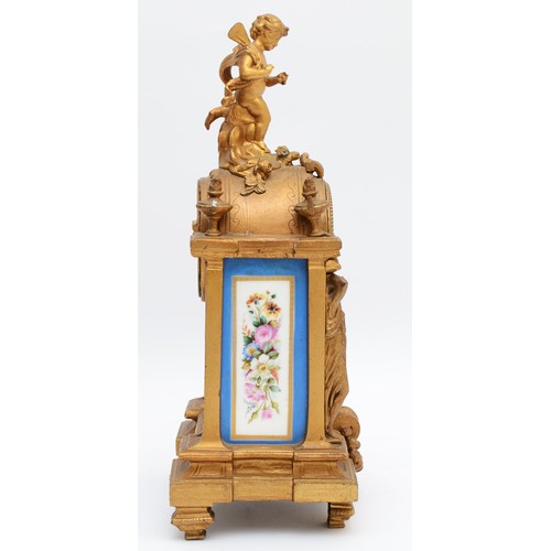 262 - A French gilt ormolu mantel clock, late 19th Century, surmounted with cherub, over two figural colum... 