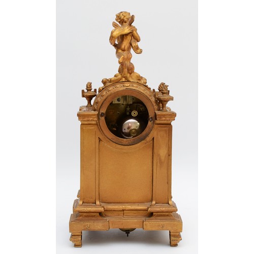 262 - A French gilt ormolu mantel clock, late 19th Century, surmounted with cherub, over two figural colum... 