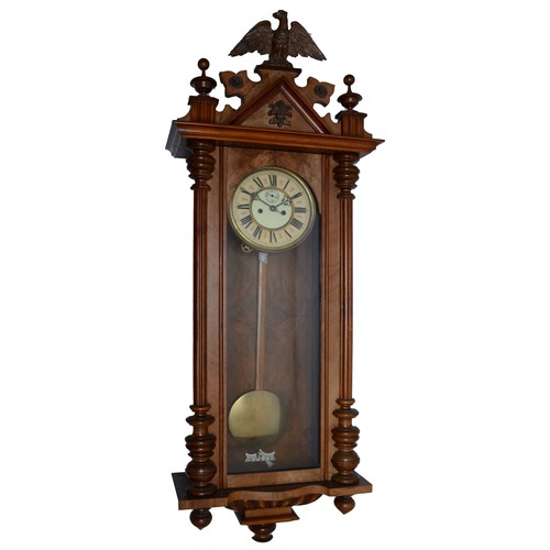 269 - An early 20th century Vienna style wall clock, mahogany and walnut veneered case with carved pedimen... 