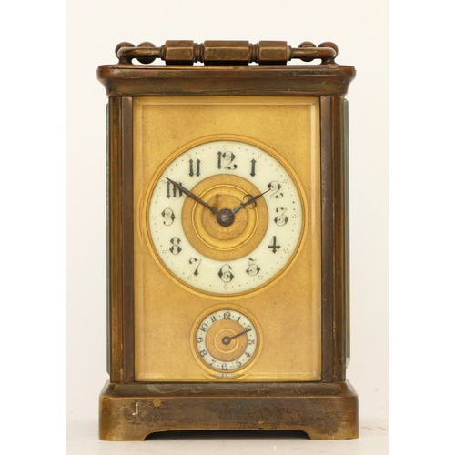 238 - An early 20th century brass carriage clock, porcelain dial with Arabic numerals, subsidiary alarm di... 