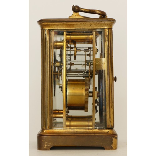 241 - A 20th century brass carriage clock, the enamelled dial with Roman and Arabic numerals, having an 8 ... 