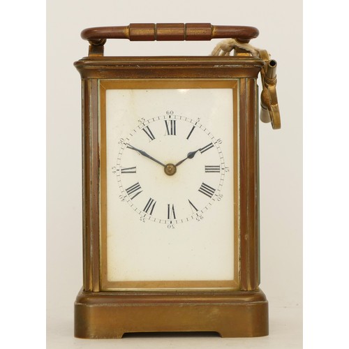 242 - A 20th century gilt brass 8 day carriage, the enamelled white dial with Roman numerals, movement str... 