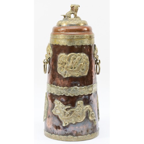 341 - A Chinese copper and white metal storage jar, with applied dragon motif panels, dragon mask handles,... 