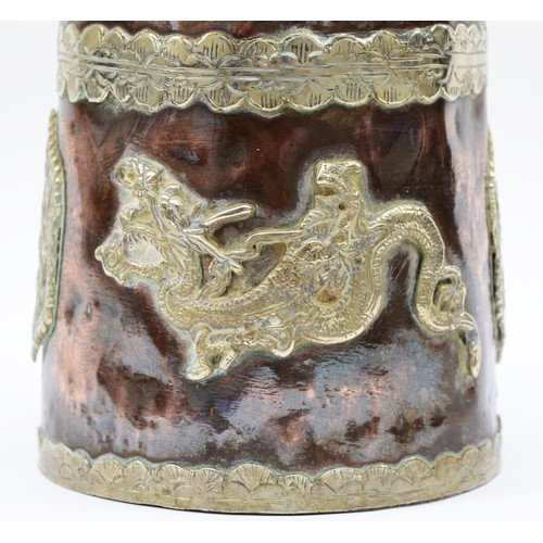 341 - A Chinese copper and white metal storage jar, with applied dragon motif panels, dragon mask handles,... 