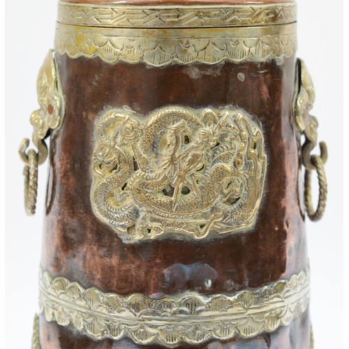 341 - A Chinese copper and white metal storage jar, with applied dragon motif panels, dragon mask handles,... 