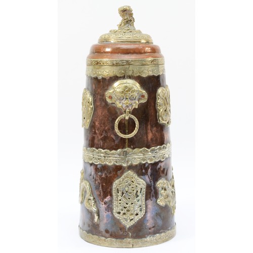 341 - A Chinese copper and white metal storage jar, with applied dragon motif panels, dragon mask handles,... 