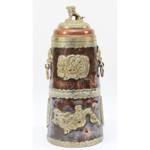 341 - A Chinese copper and white metal storage jar, with applied dragon motif panels, dragon mask handles,... 