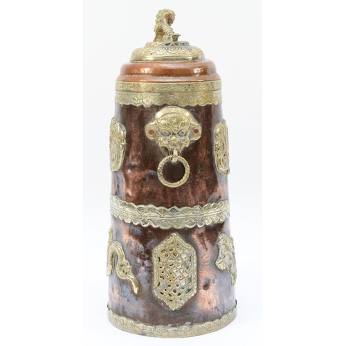 341 - A Chinese copper and white metal storage jar, with applied dragon motif panels, dragon mask handles,... 