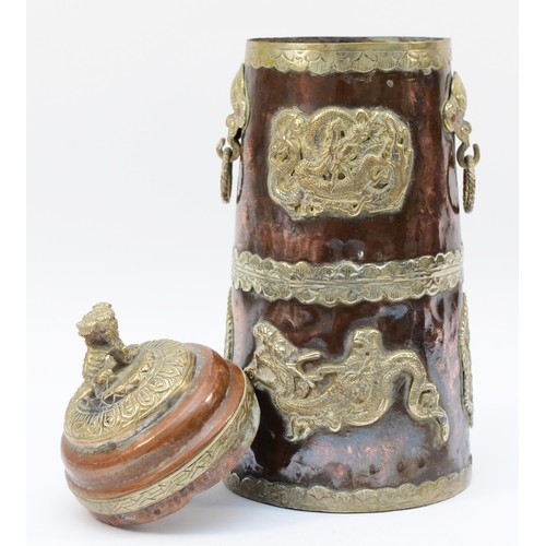 341 - A Chinese copper and white metal storage jar, with applied dragon motif panels, dragon mask handles,... 