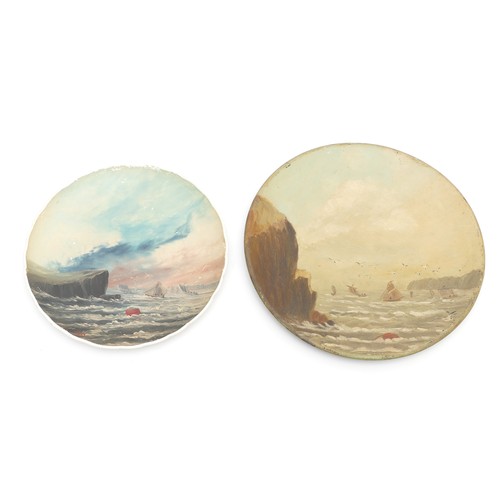 345 - An early 20th century painted ceramic plate, depicting sailing boats on stormy seas, indistinctly si... 