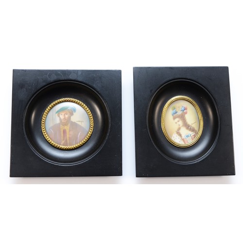 346 - Two 19th Century style hand painted miniatures of a young lady and gentleman, mounted in square ebon... 