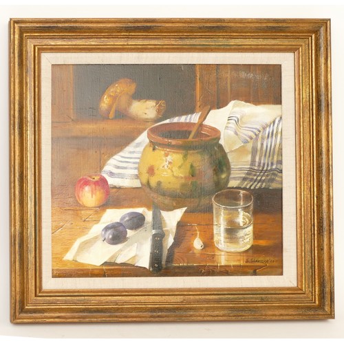 350 - Snejana Slavova b1954- Still life on canvas, signed lower right, gilt framed, 35x32cm