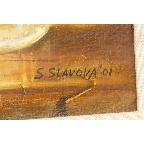 350 - Snejana Slavova b1954- Still life on canvas, signed lower right, gilt framed, 35x32cm