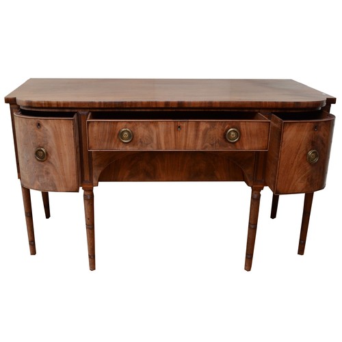 355 - A late Victorian Hepplewhite style mahogany sideboard, the two bow fronted cupboards flanking two re... 