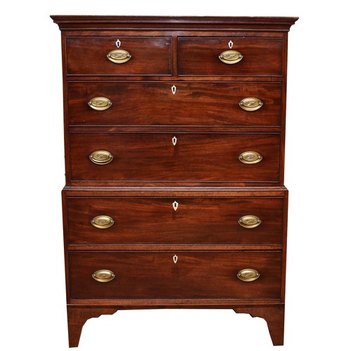 359 - A Georgian mahogany chest on chest, the top section with two short over two long drawers with two de... 