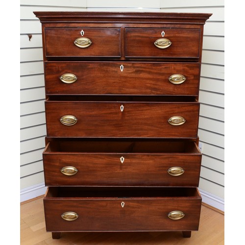 359 - A Georgian mahogany chest on chest, the top section with two short over two long drawers with two de... 