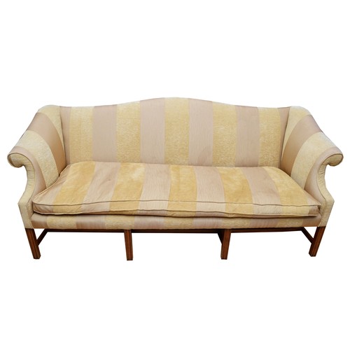 366 - A late 19th century camelback three seater sofa, upholstered in gilt damask fabric, having out-scrol... 