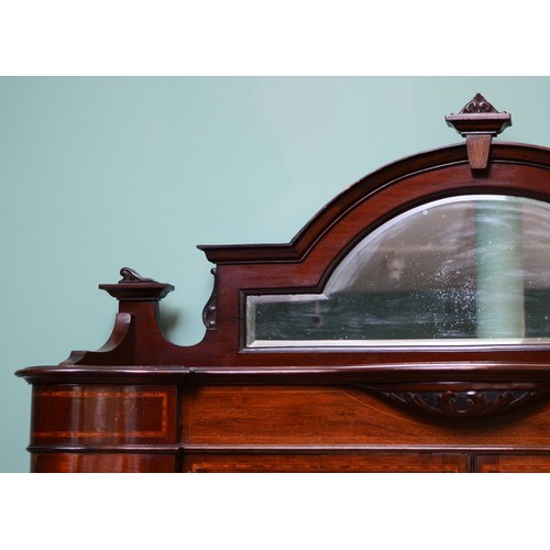 373 - Edwardian inlaid mahogany display cabinet, the central arched mirror plate within a carved scroll co... 