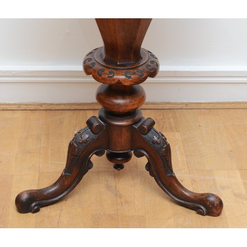 374 - A Victorian burr walnut sewing table of trumpet form, the thumb moulded lid opening to a baize lined... 