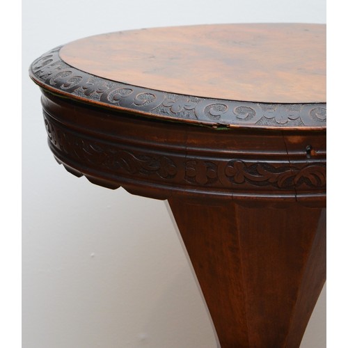 374 - A Victorian burr walnut sewing table of trumpet form, the thumb moulded lid opening to a baize lined... 