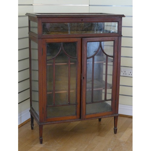 379 - Edwardian inlaid mahogany glass bijouterie display cabinet, the rectangular glazed top with banded i... 