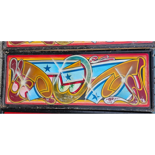 384 - A set of four original hand painted fair ground stall panels, 66 x 170cm.