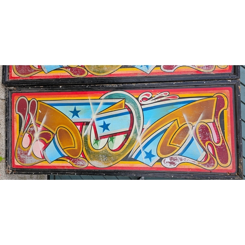 384 - A set of four original hand painted fair ground stall panels, 66 x 170cm.