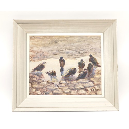 351 - Elizabeth O'Rourke, oil on board, depicting a group of rock doves drinking from a stream, 29x24cm.