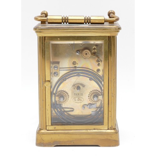 239 - An early 20th century French repeater carriage clock, enamelled dial with painted blue Arabic numera... 