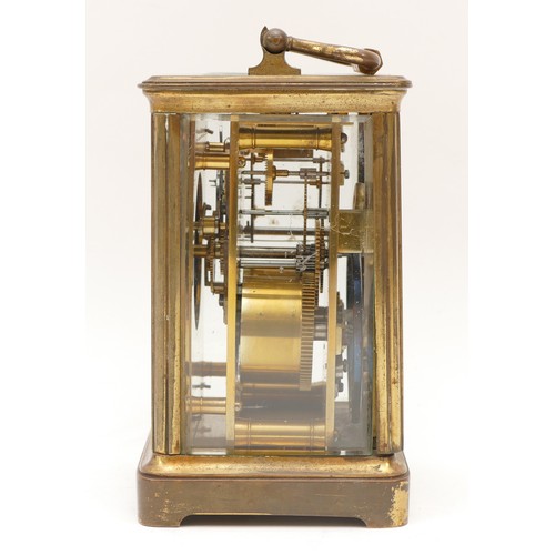 241 - A 20th century brass carriage clock, the enamelled dial with Roman and Arabic numerals, having an 8 ... 