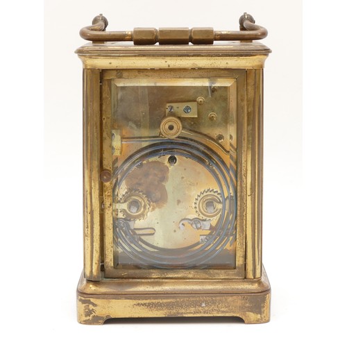 241 - A 20th century brass carriage clock, the enamelled dial with Roman and Arabic numerals, having an 8 ... 