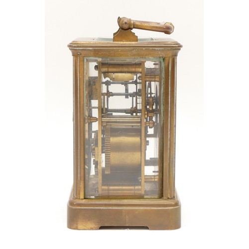 242 - A 20th century gilt brass 8 day carriage, the enamelled white dial with Roman numerals, movement str... 