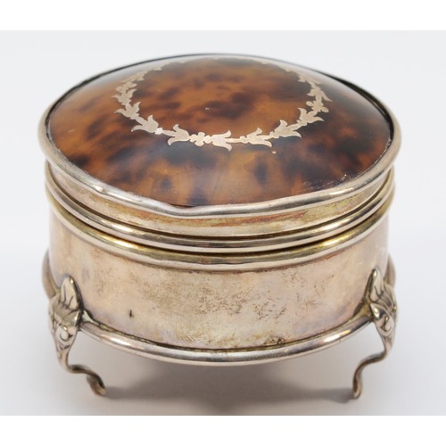 22 - A silver and tortoiseshell trinket box, Birmingham 1922, pull off cover, diameter 6cm