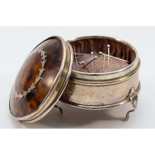 22 - A silver and tortoiseshell trinket box, Birmingham 1922, pull off cover, diameter 6cm