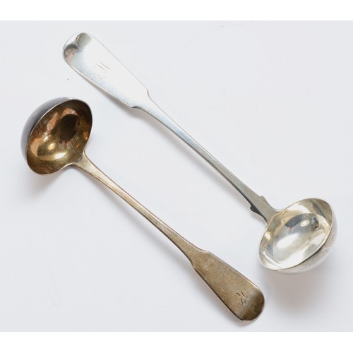 35 - A Scottish William IV silver fiddle pattern toddy ladle, Glasgow 1832 and another Edinburgh 1815, 73... 