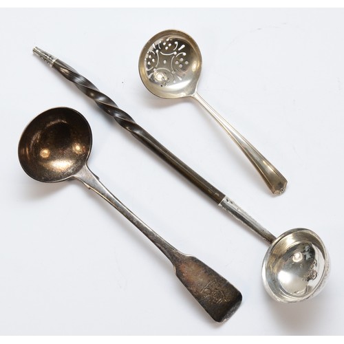 36 - A Victorian Scottish silver and whalebone toddy ladle, Glasgow 1859, an Irish sauce ladle, Dublin 18... 