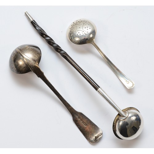 36 - A Victorian Scottish silver and whalebone toddy ladle, Glasgow 1859, an Irish sauce ladle, Dublin 18... 