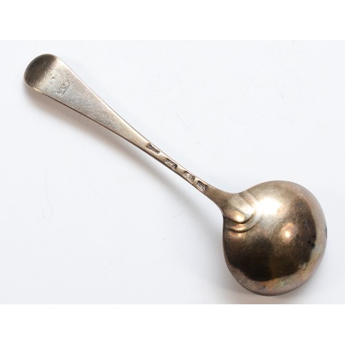 37 - A George III silver bottom marked sauce ladle, London 1762, crested, 15.5cm, 44gm